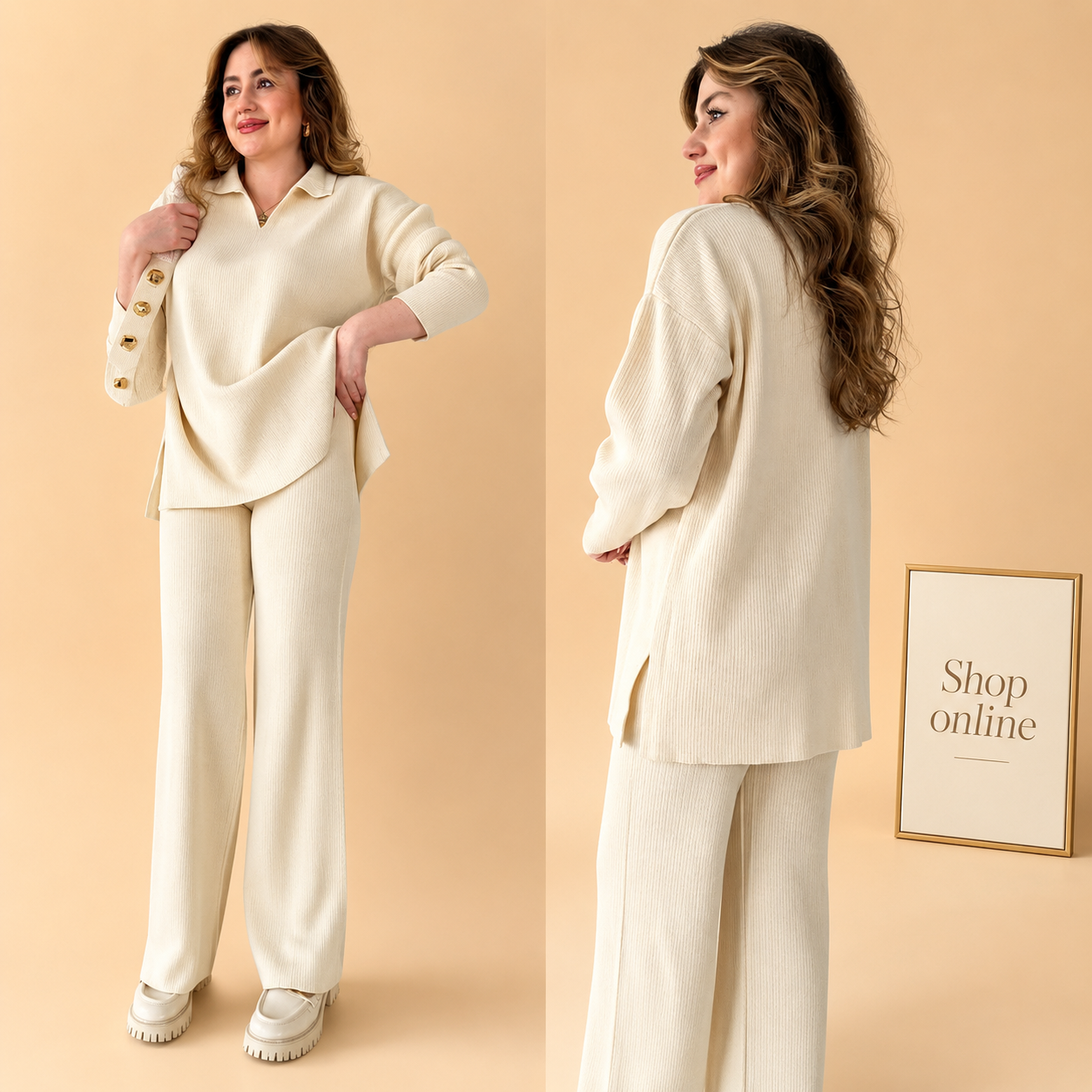 RIB KNIT CREAM TRACKSUIT V NECK