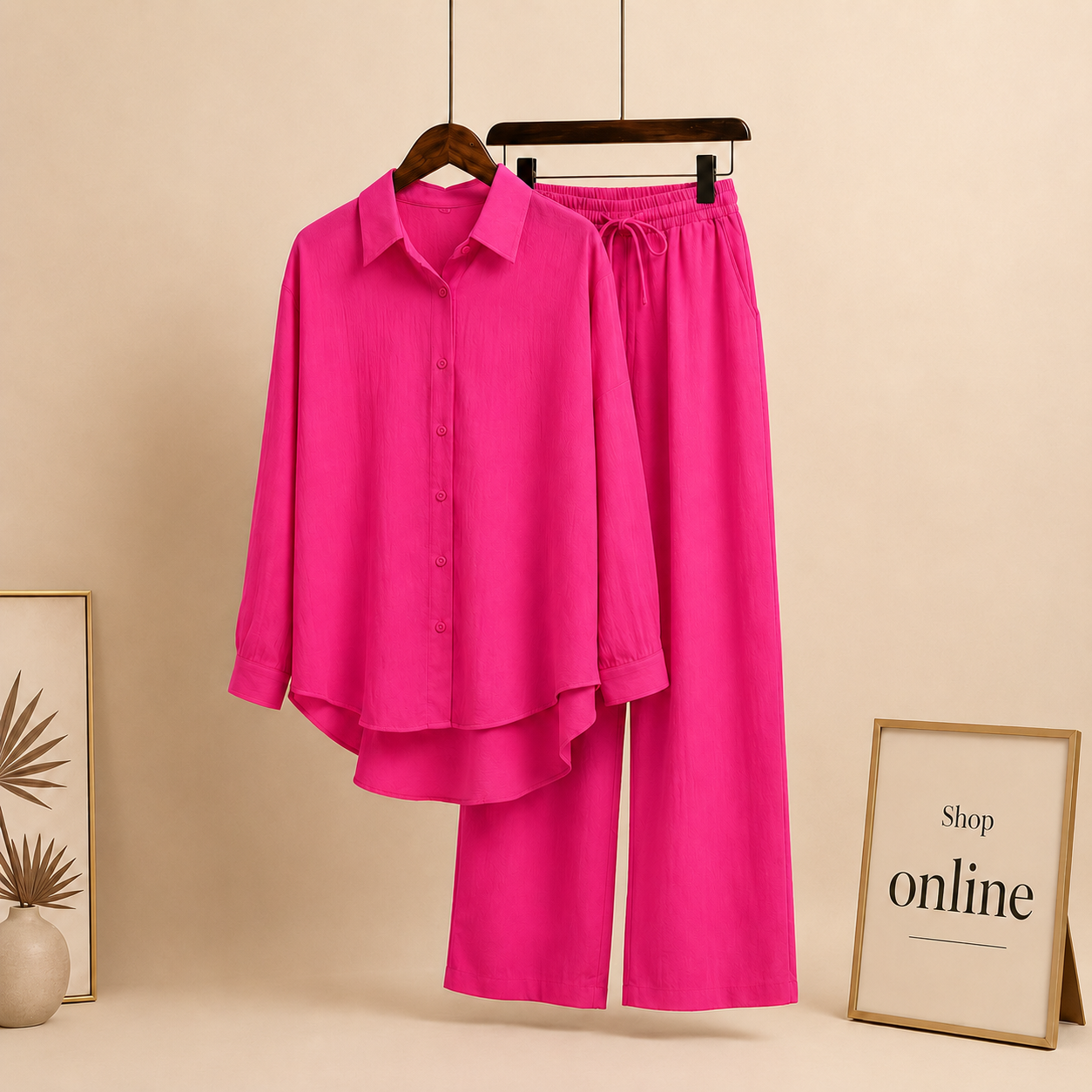 SHOCKING PINK BUTTON DOWN CO ORD SET