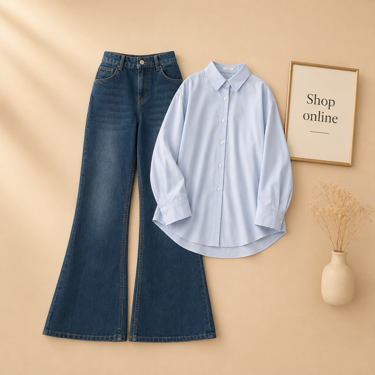 SKY BLUE BUTTON DOWN SHIRT WITH MID BLUE BELL BOTTOM