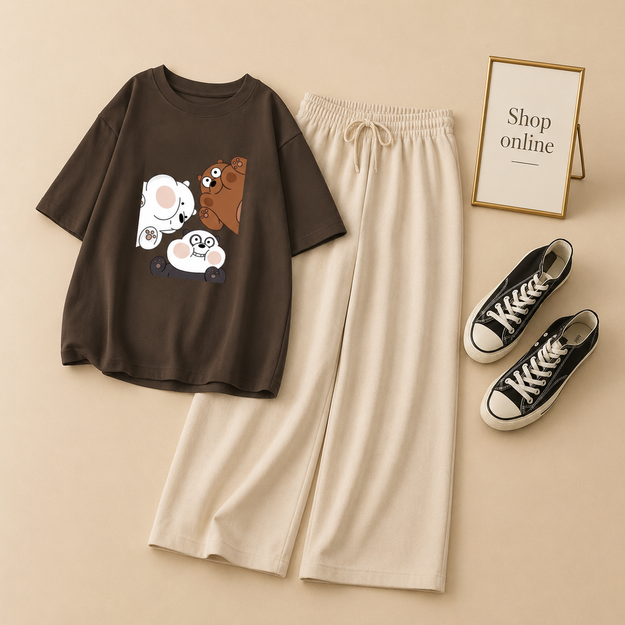 BROWN TSHIRT BOX BEAR WITH BEIGE FLAPPER