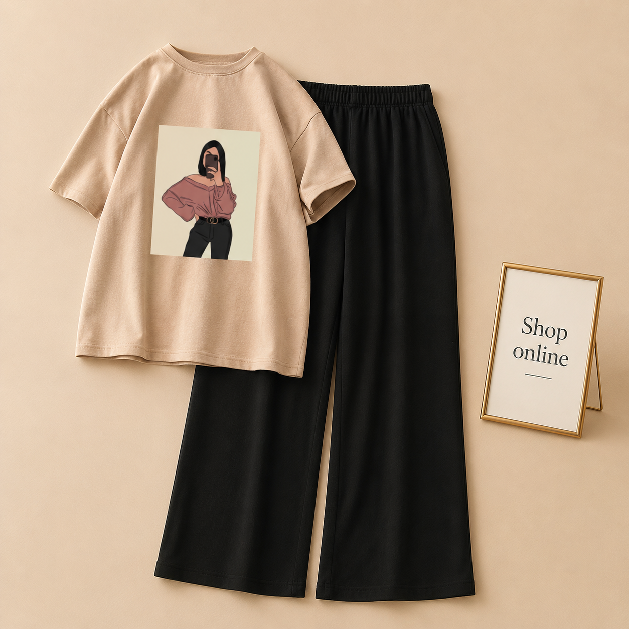 BEIGE TSHIRT OFF SHOULDER GIRL WITH BLACK FLAPPER