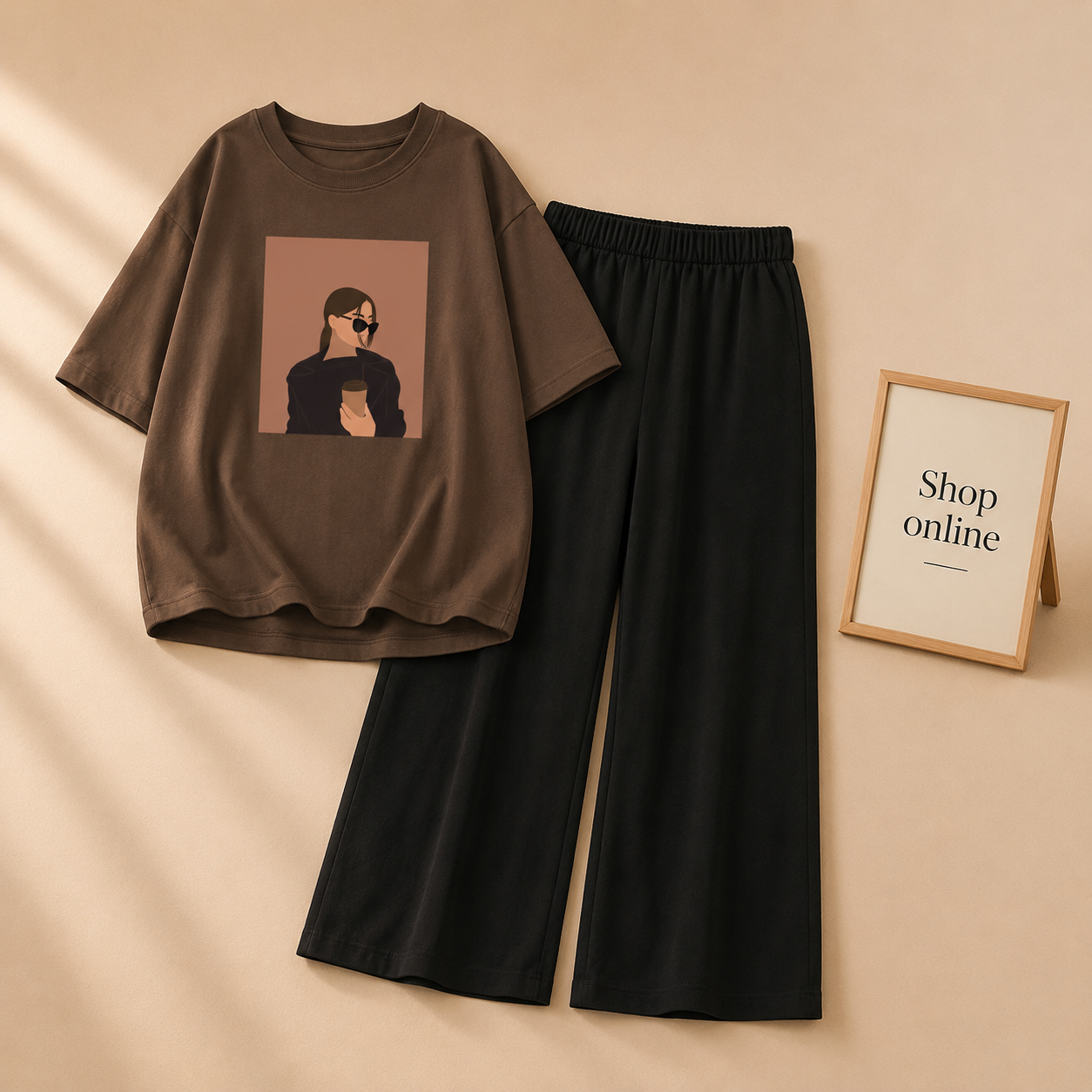 BROWN TSHIRT COFEE GIRL WITH BLACK FLAPPER