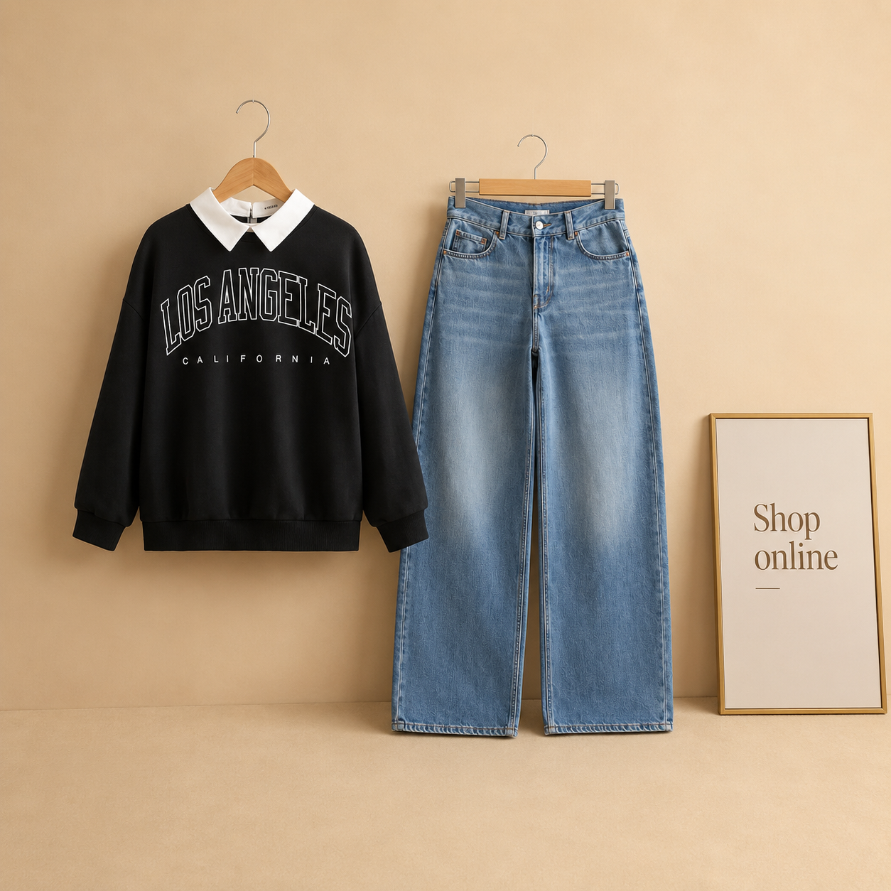 Black / Midblue Collar sweat and wideleg jeans