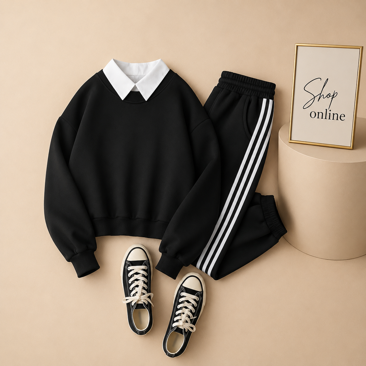 BLACK COLLAR SWEATSHIRT WITH 3 STRIPES TROUSER