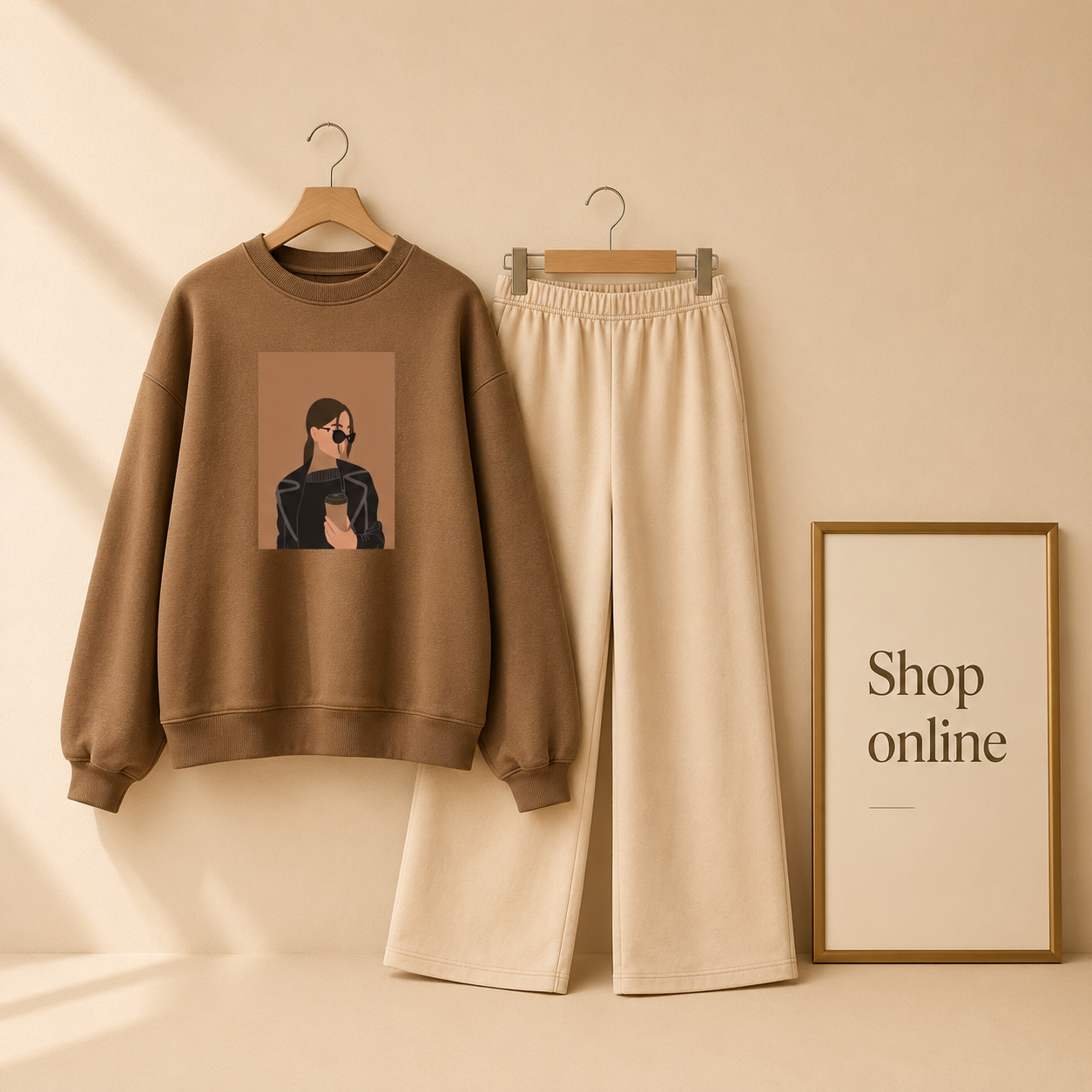 COFEE GIRL BROWN SWEATSHIRT WITH BEIGE FLAPPER