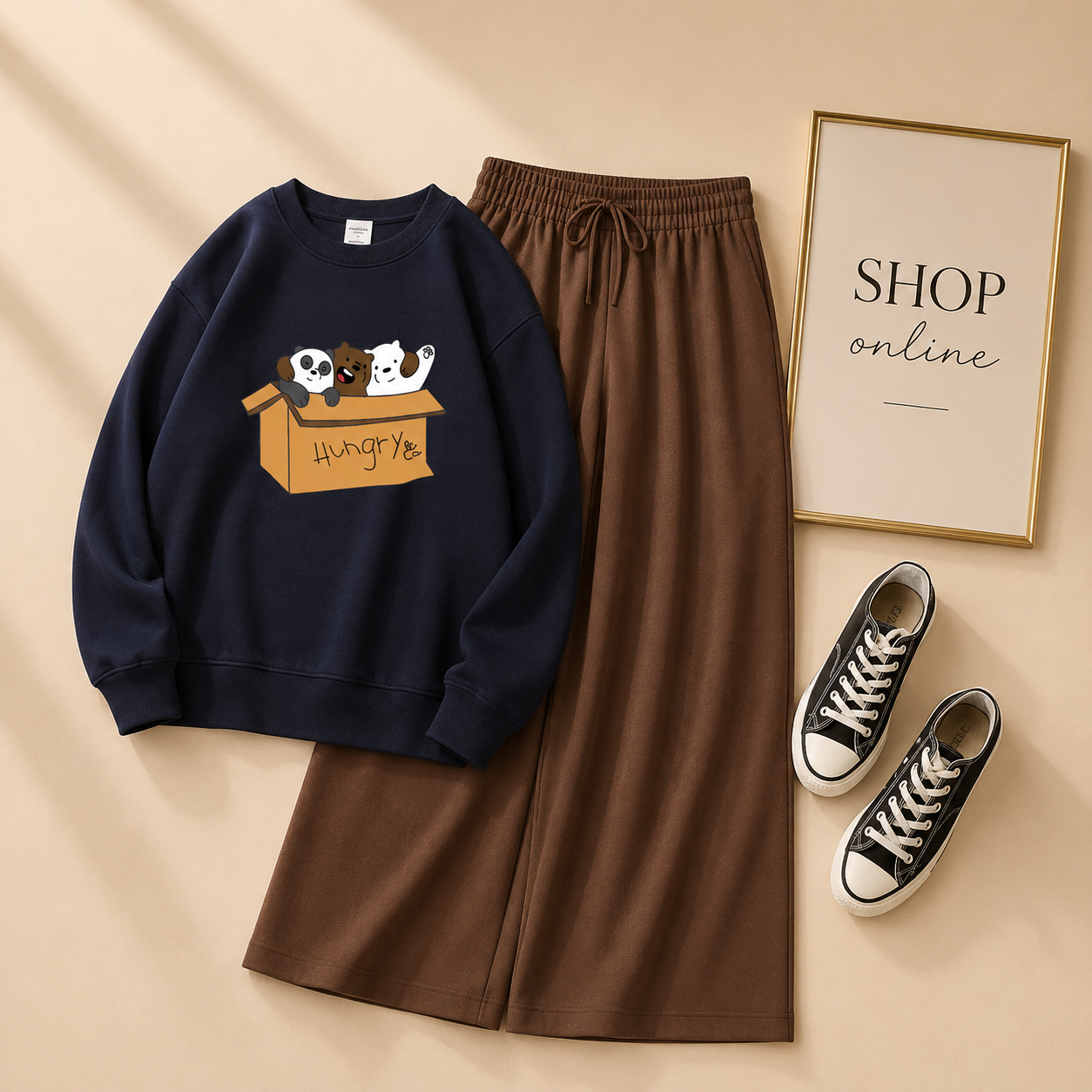 HUNGRY BEAR NAVY BLUE SWEATSHIRT WITH BROWN FLAPPER