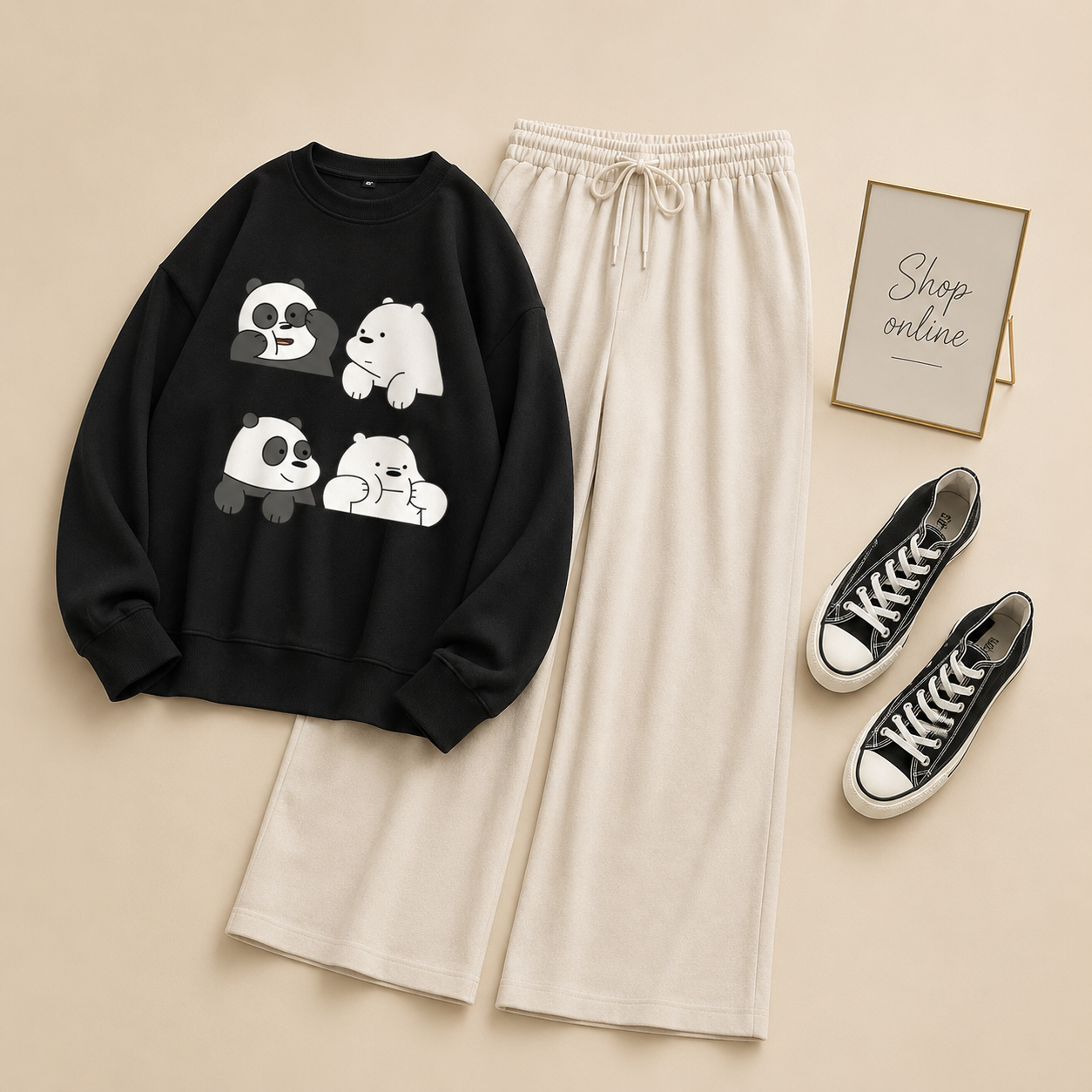 4 BEAR BLACK SWEATSHIRT WITH BEIGE FLAPPER
