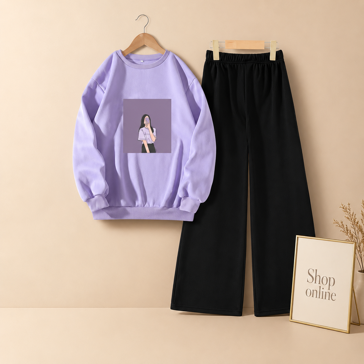 LILAC SWEATSHIRT PURPLE BACKGROUND GIRL WITH FLAPPER