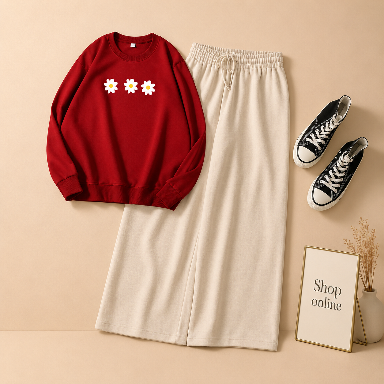 3 DAISY MAROON SWEATSHIRT WITH BEIGE FLAPPER