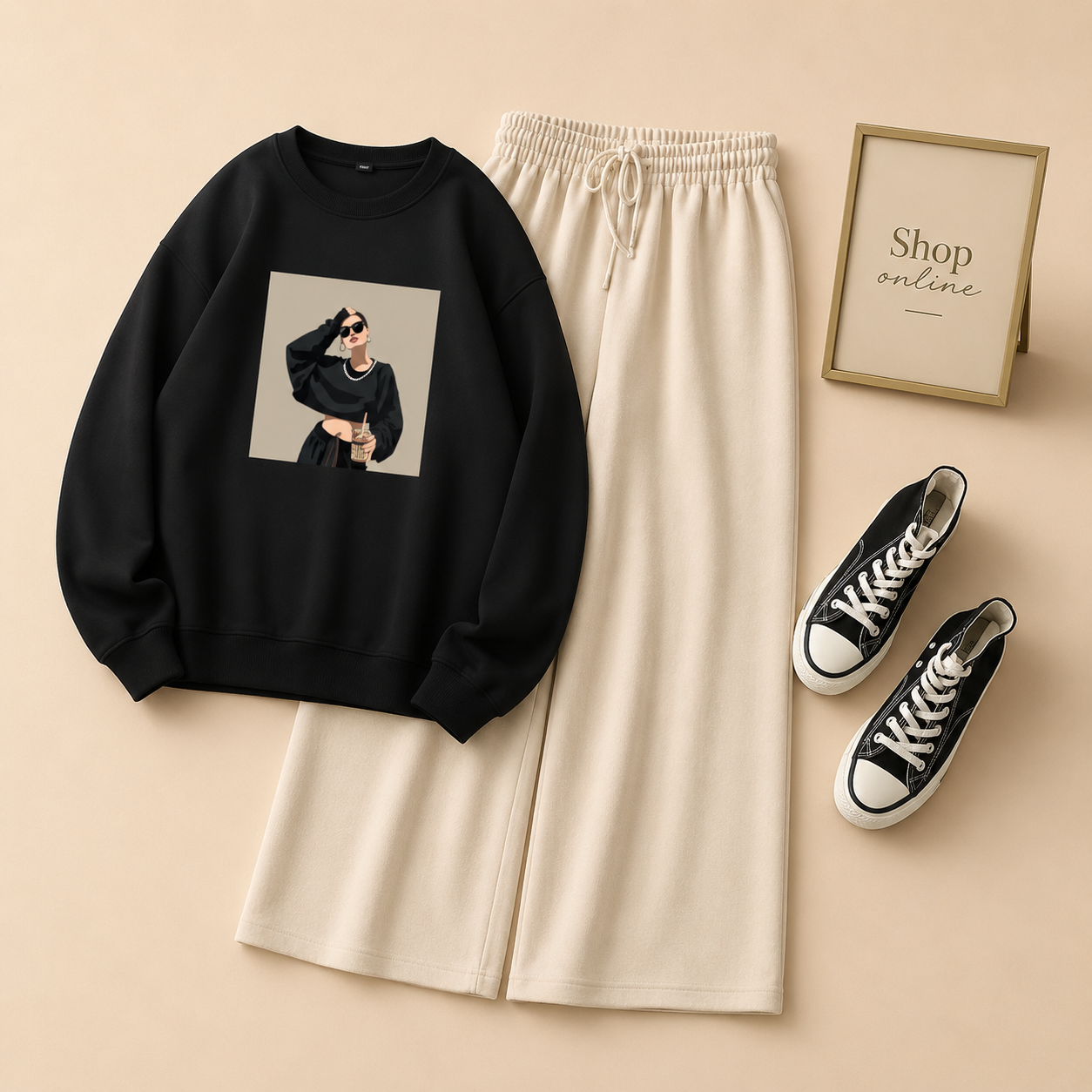 NECKLACE GIRL BLACK SWEATSHIRT WITH BEIGE FLAPPER