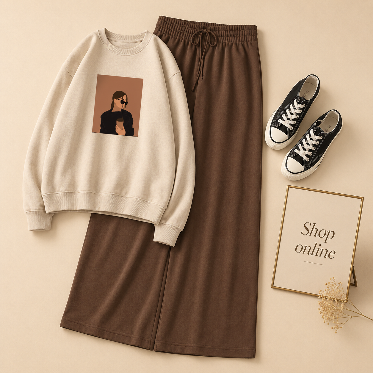 COFEE GIRL BEIGE SWEATSHIRT WITH BROWN FLAPPER