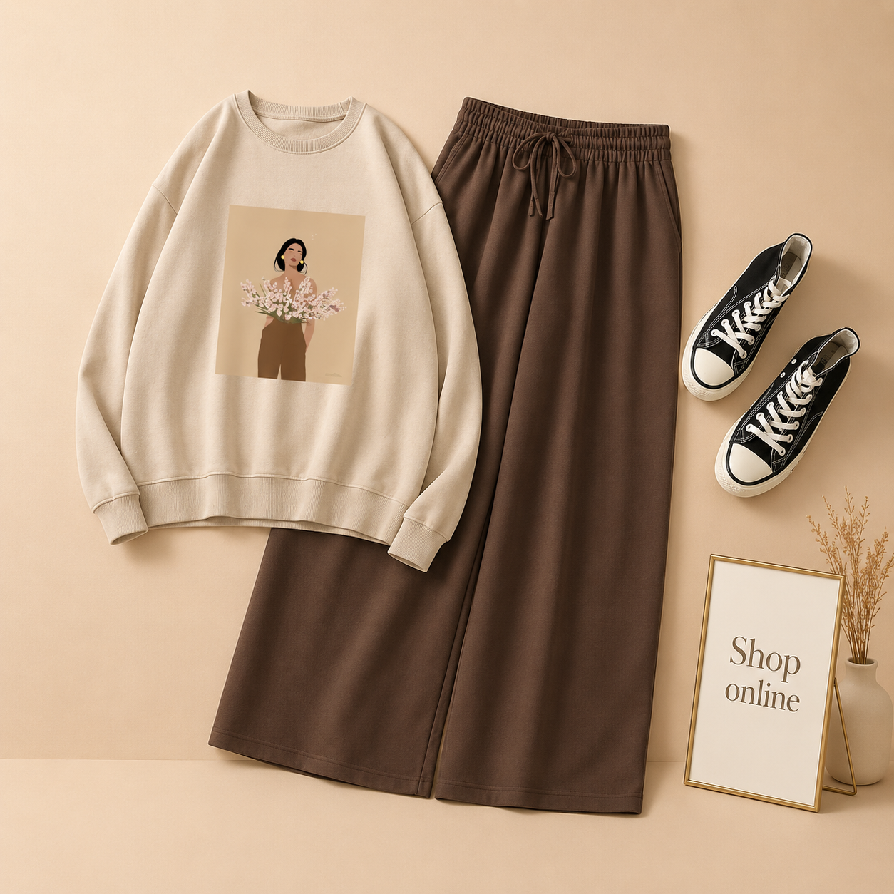 FLOWER GIRL BEIGE SWEATSHIRT WITH BROWN FLAPPER