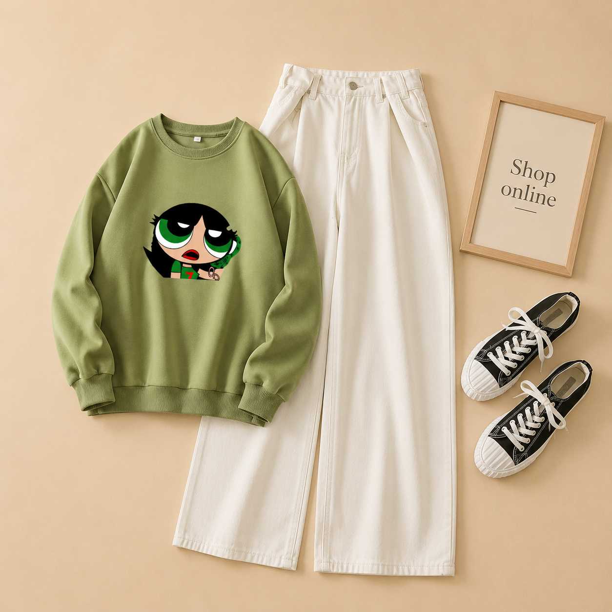 OLIVE GREEN ON GREEN BUTTERCUP WITH WHITE WIDE LEG JEANS