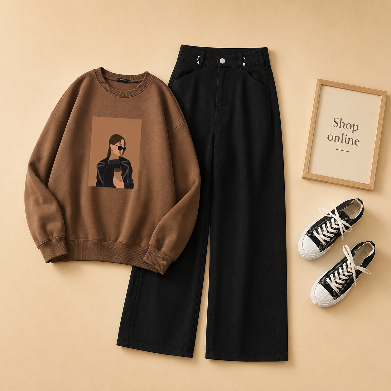 COFEE GIRL BROWN SWEATSHIRT WITH BLACK WIDE LEG JEANS