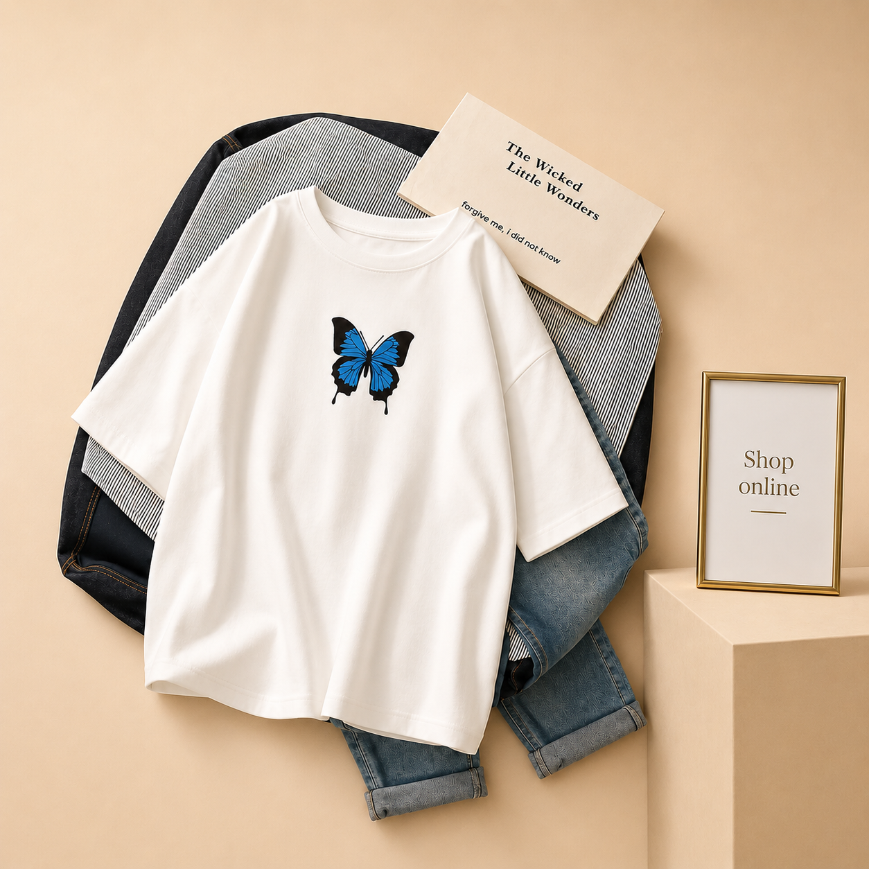 WHITE TSHIRT BLUE BUTTERFLY ON CENTRE