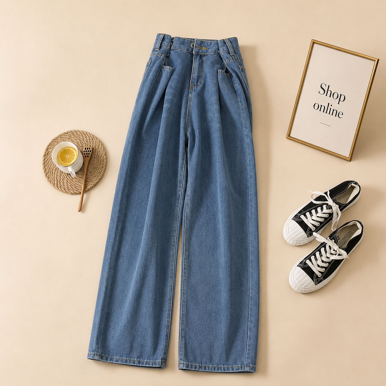 MID BLUE WIDE LEG JEANS HIGH WIASTED