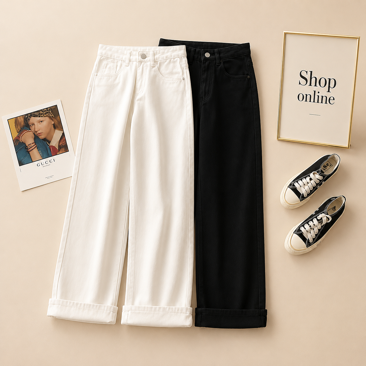 PACK OF 2 BLACK AND WHITE WIDE LEG JEANS