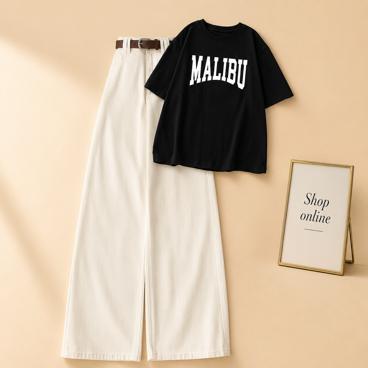 BLACK MALIBU TEE WITH WHITE WIDE LEG JEANS