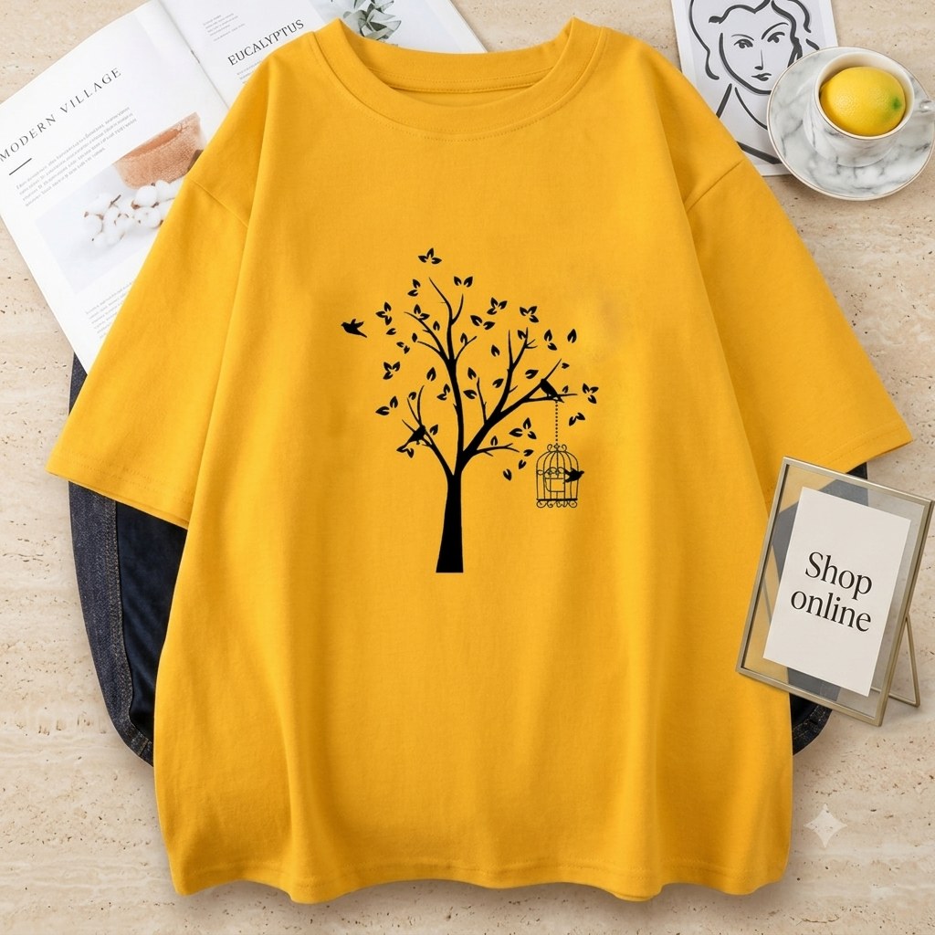 YELLOW TEE WITH TREE PRINTED