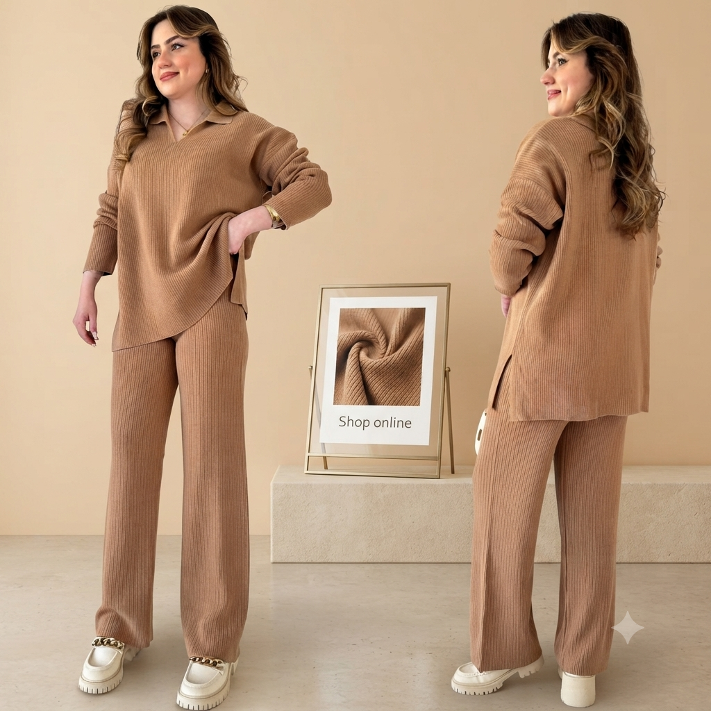 RIB KNIT COFEE TRACKSUIT V NECK