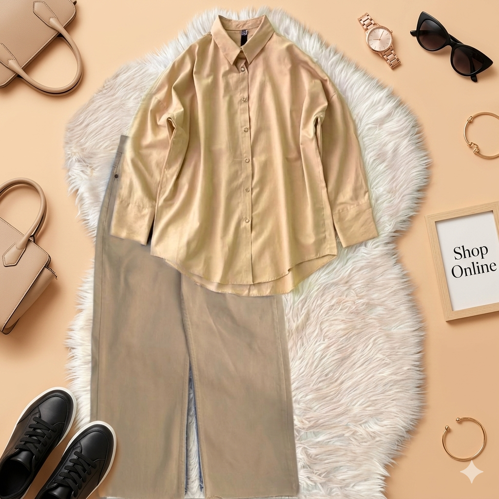 BIEGE BUTTON SHIRT WITH BEIGE WIDE LEG JEANS