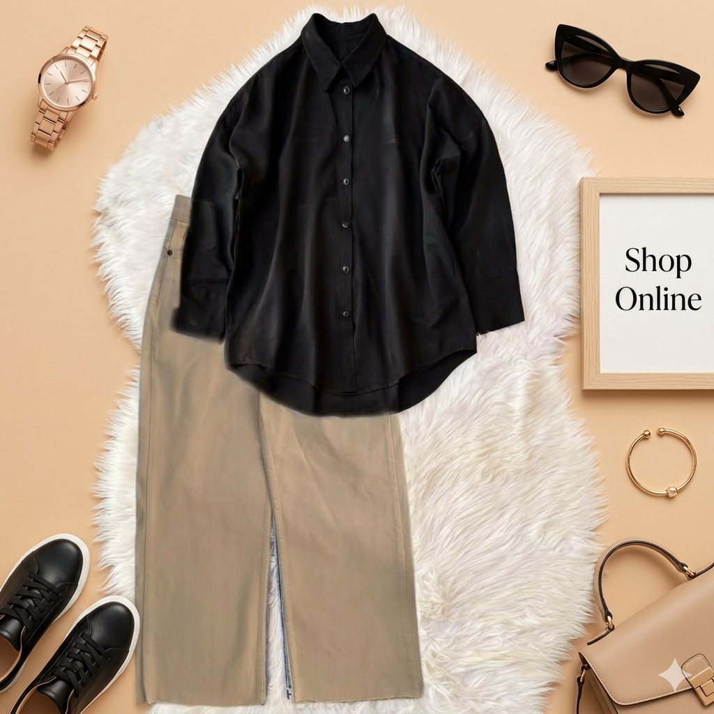 BLACK BUTTON SHIRT WITH BEIGE WIDE LEG JEANS