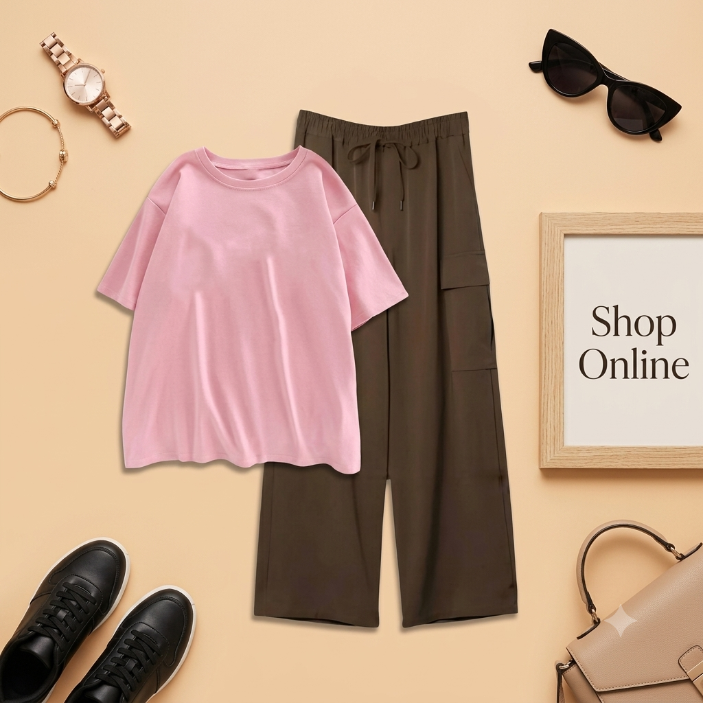 PINK TSHIRT WITH BROWN CARGO TROUSER