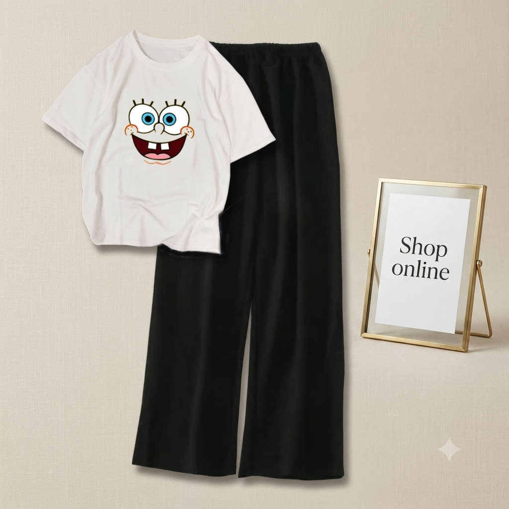 WHITE TSHIRT SPONGEBOB WITH BLACK FLAPPER