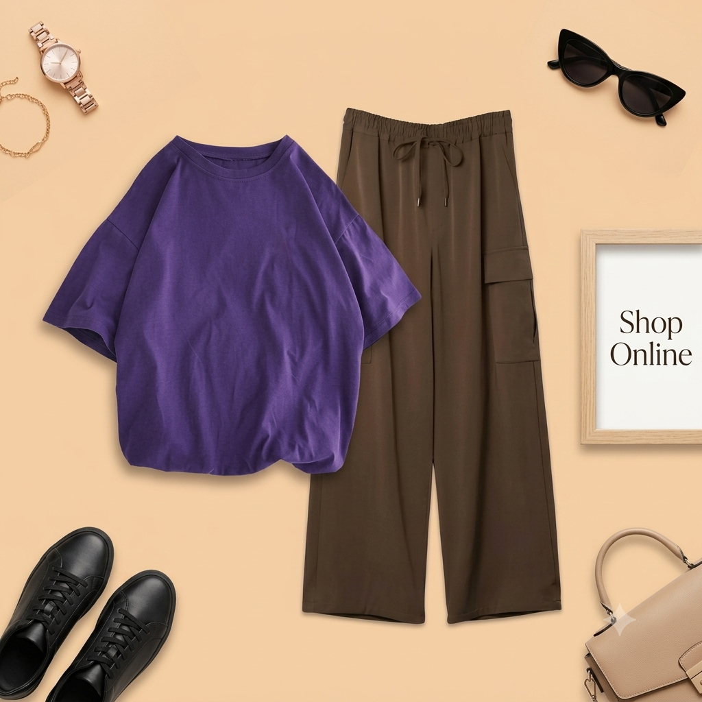 PURPLE TSHIRT WITH BROWN CARGO TROUSER