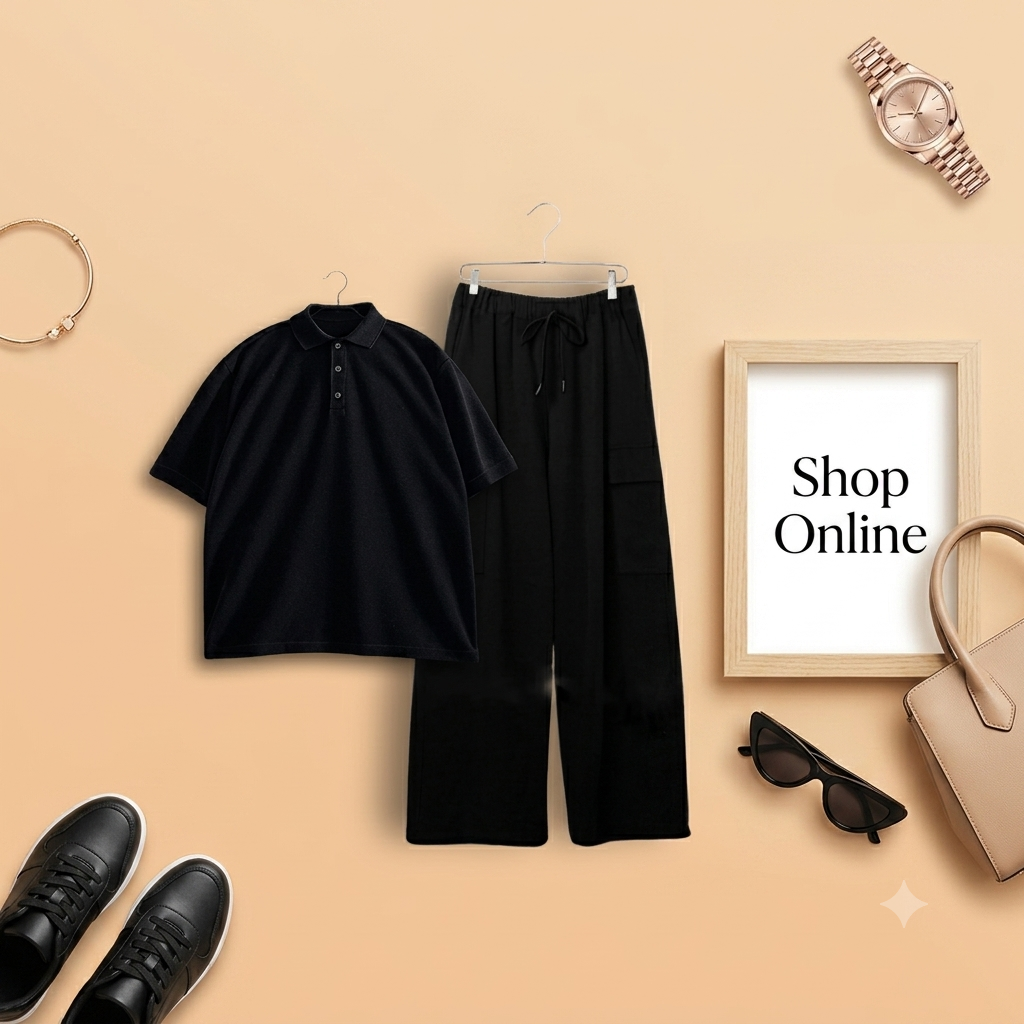 BLACK POLO WITH BLACK CARGO TROUSER