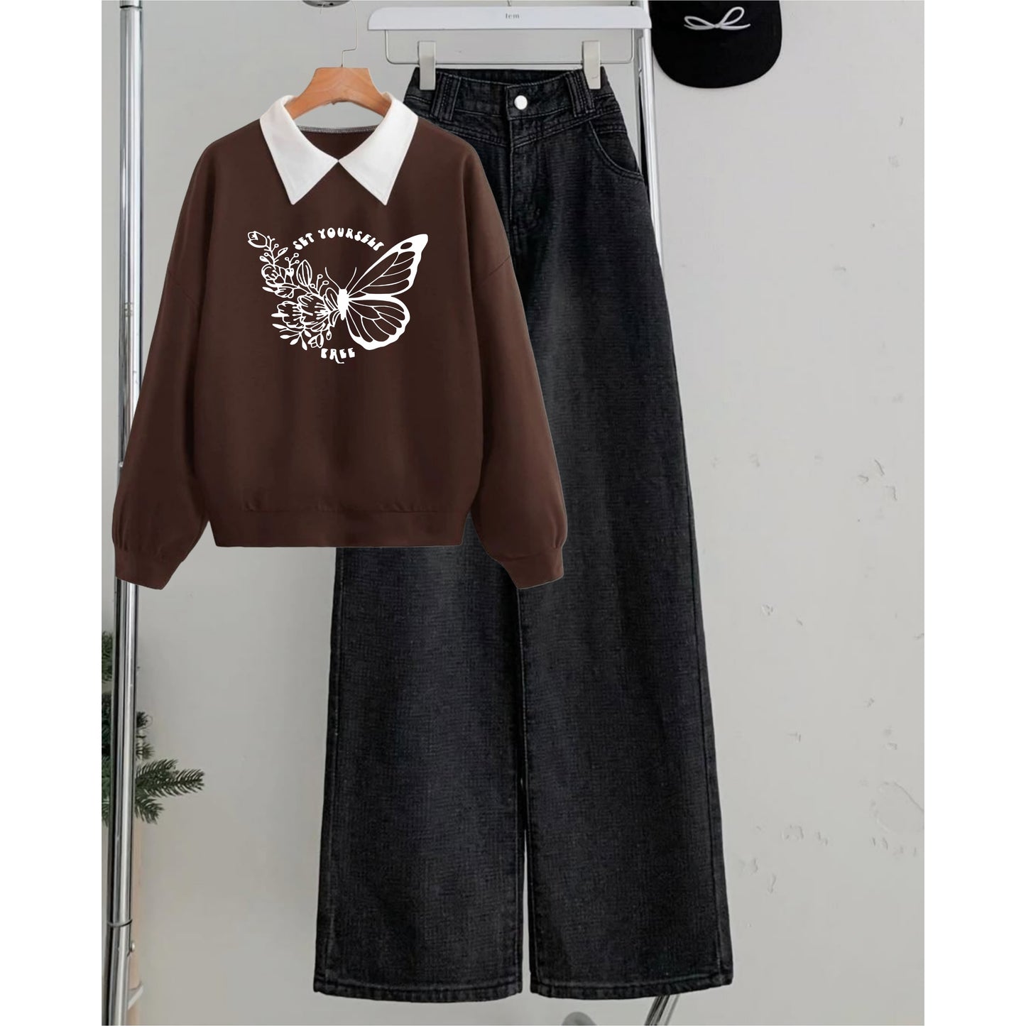BROWN COLLAR SWEATSHIRT SET YOURSELF BUTTERFLY- BLACK WIDE LEG JEANS