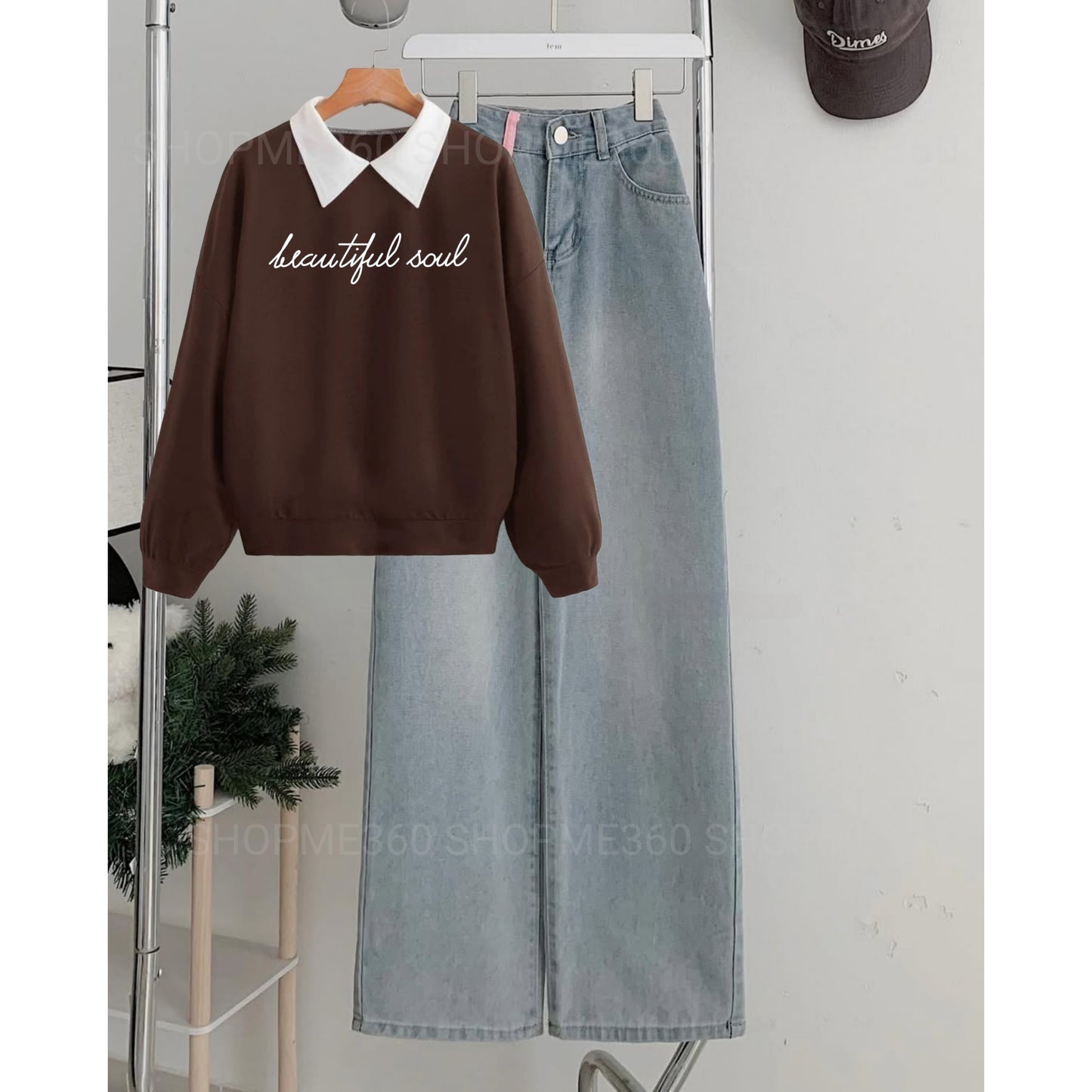 BROWN COLLAR SWEATSHIRT BEAUTIFUL SOUL-SKY BLUE WIDE LEG JEANS