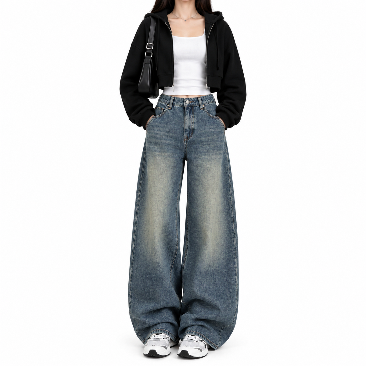 Black zipper white Tank Top and dark blue greenish vintage Faded Jeans