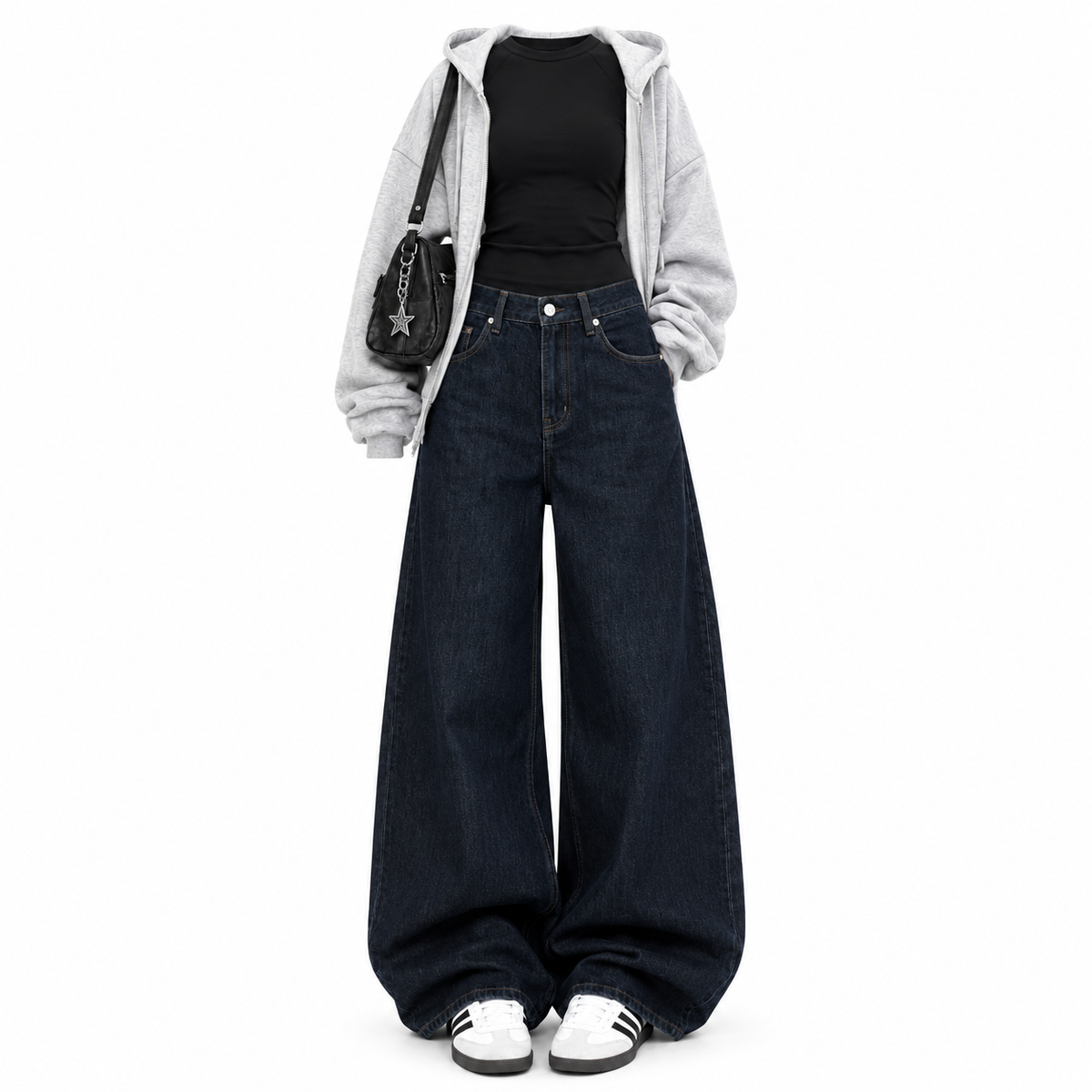 Grey zipper black Tank Top and black vintage Faded Jeans
