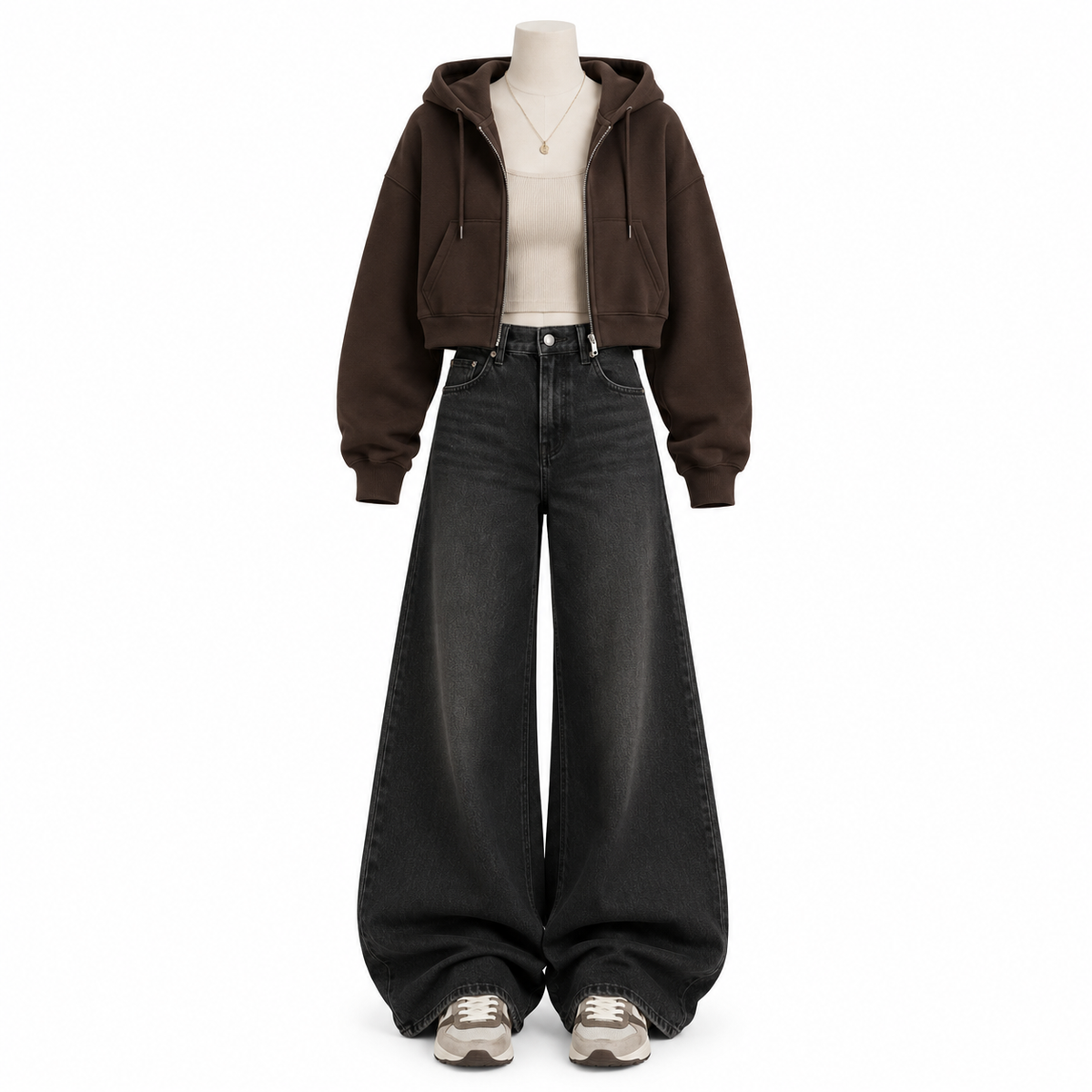Dark brown zipper White Tank Top and Black vintage Faded Jeans