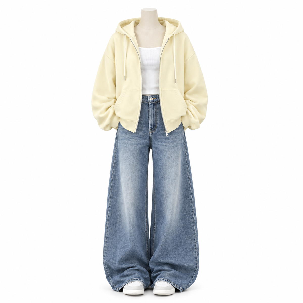 Lime Yellow zipper White Tank Top and sky Blue vintage Faded Jeans