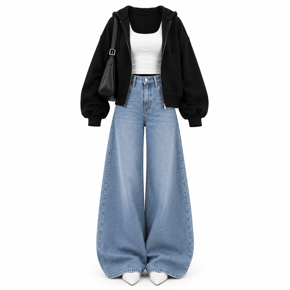 Black zipper White Tank Top and sky Blue vintage Faded Jeans