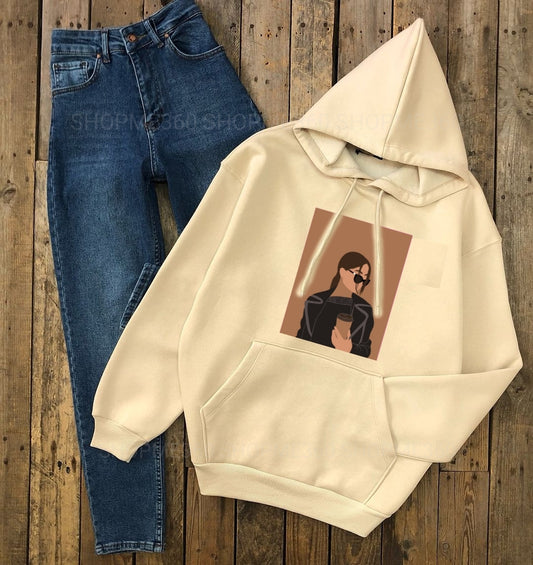 BEIGE HOODIE COFFE GIRL-MID BLUE MOMFIT JEANS