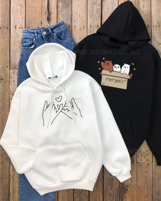 BLACK HOODIE FREE BEAR WHITE HOODIE PINKY PROMISE -MID BLUE MOMFIT JEANS
