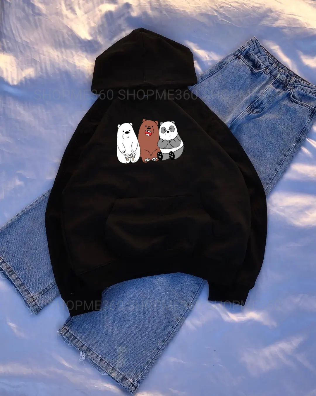 BLACK HOODIE 3 BEAR -SKY BLUE WIDE LEG JEANS
