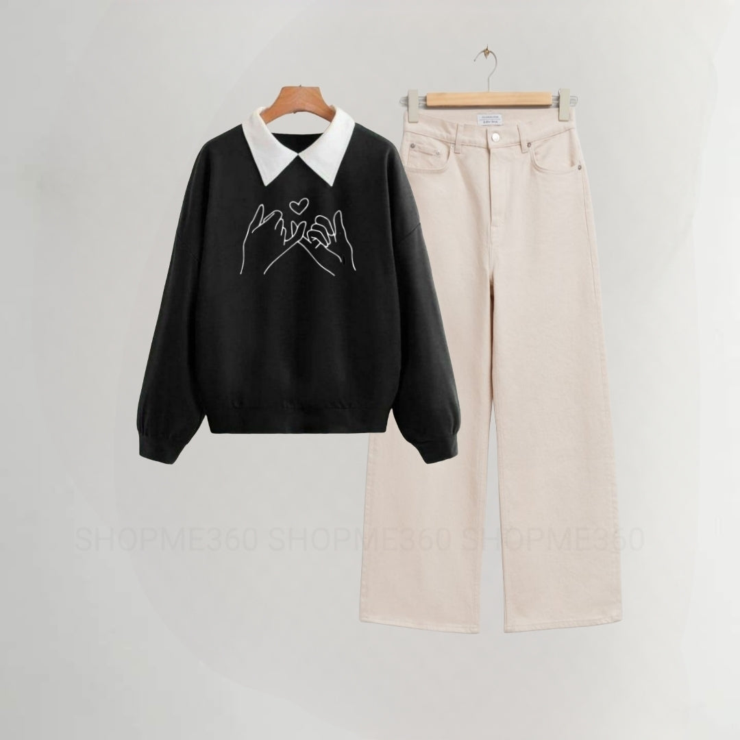 BLACK COLLAR SWEATSHIRT PINKY PROMISE-BEIGE WIDE LEG JEANS