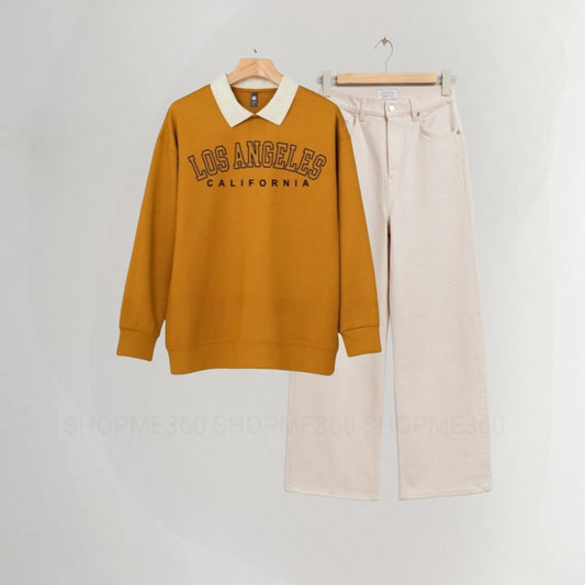 YELLOW COLLAR SWEATSHIRT LOSS ANGELES -BEIGE WIDE LEG JEANS