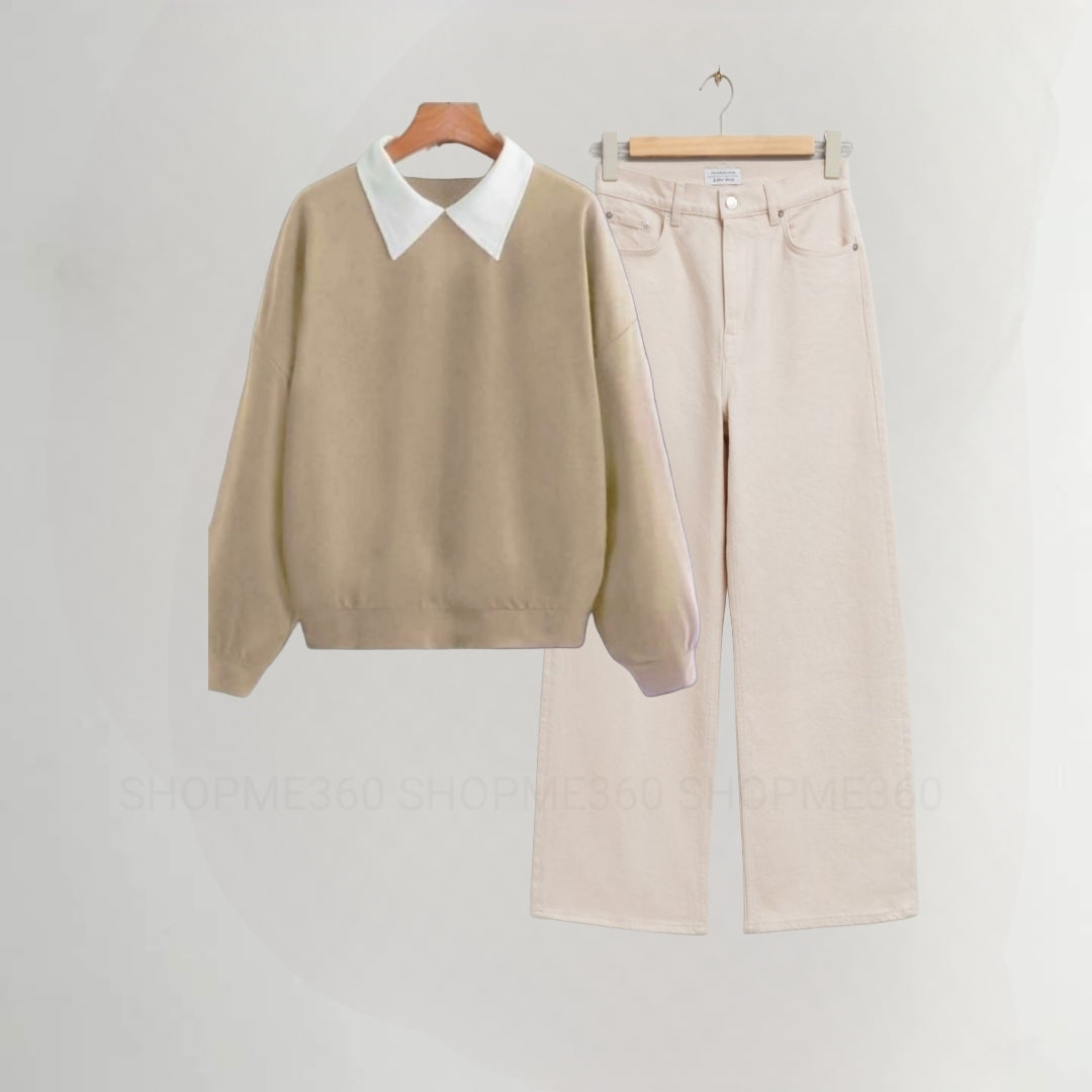 BEIGE COLLAR SWEATSHIRT-BEIGE WIDE LEG JEANS
