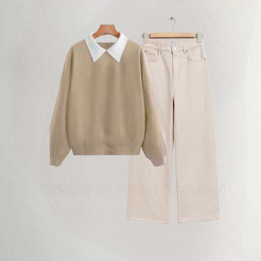 BEIGE COLLAR SWEATSHIRT-BEIGE WIDE LEG JEANS