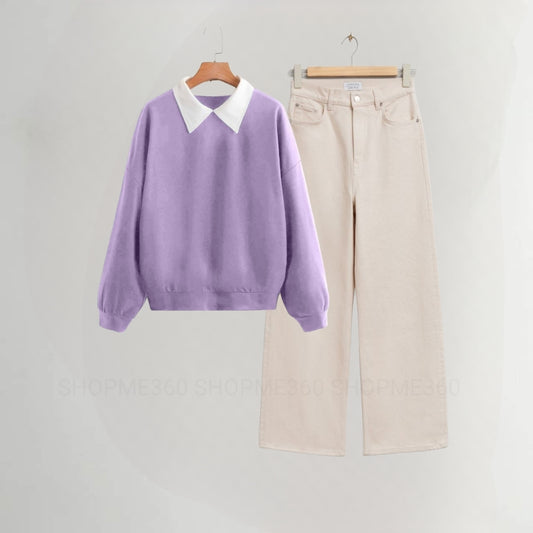 LILAC COLLAR SWEATSHIRT-BEIGE WIDE LEG JEANS