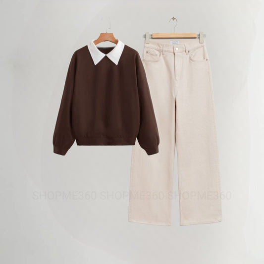 BROWN COLLAR SWEATSHIRT-BEIGE WIDE LEG JEANS