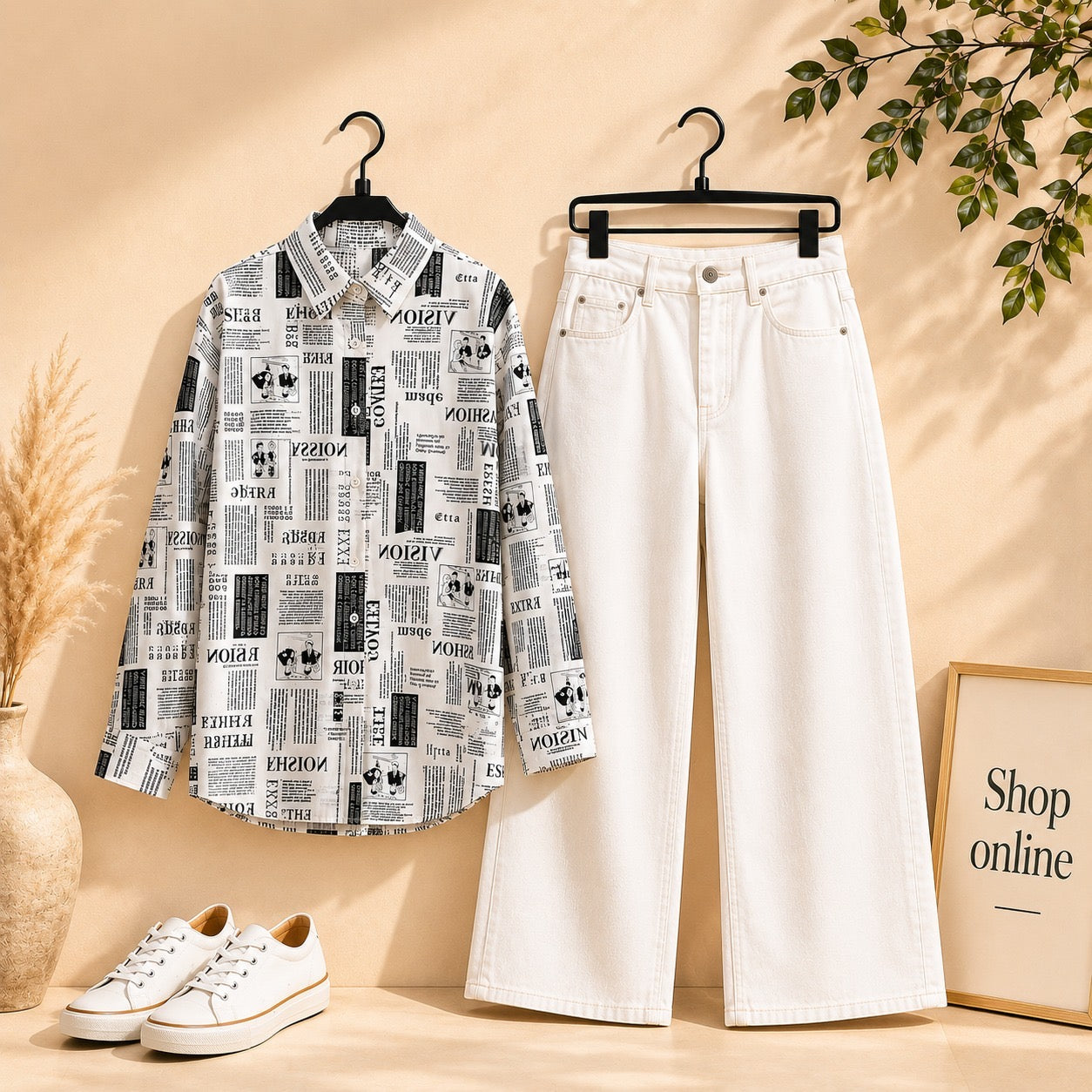 NEWSPAPER BUTTON SHIRT WITH WHITE WIDE LEG JEANS
