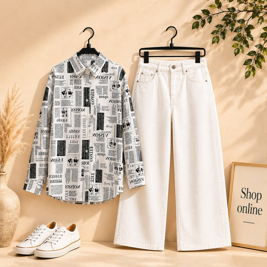NEWSPAPER BUTTON SHIRT WITH WHITE CARGO JEANS