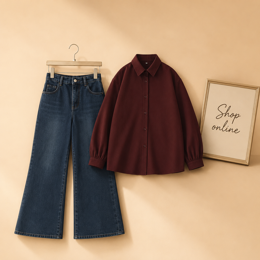 MAROON BUTTON SHIRT WITH MID BLUE BELL BOTTOM JEANS