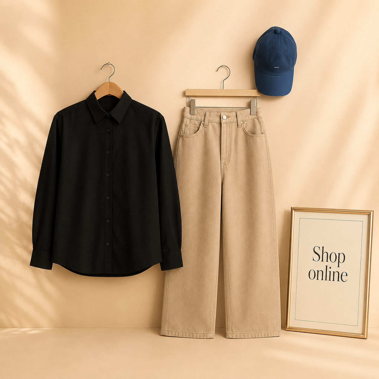 BLACK BUTTON SHIRT WITH BEIGE WIDE LEG JEANS